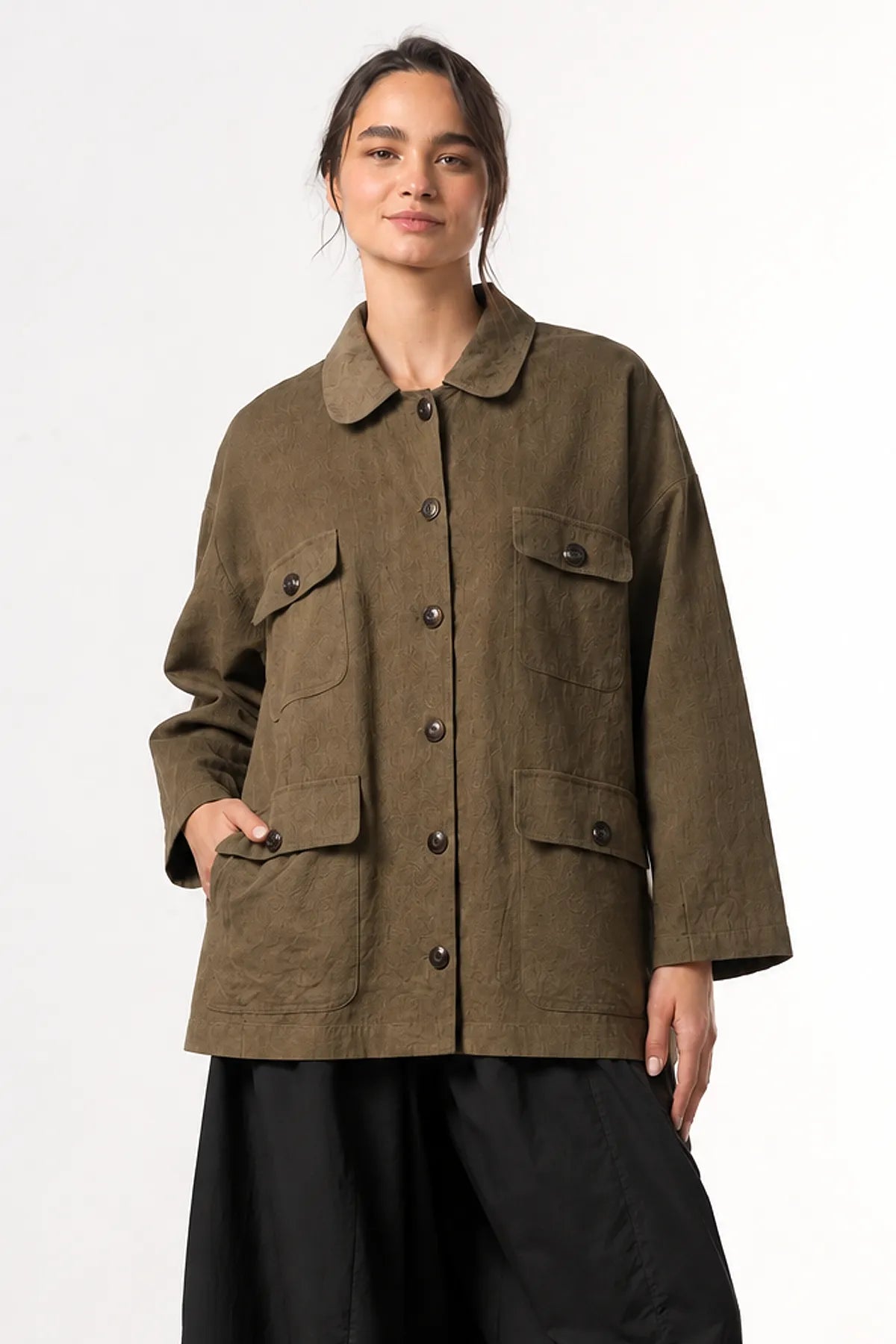 Chaqueta Lino Jacquard Bolsillos Parche