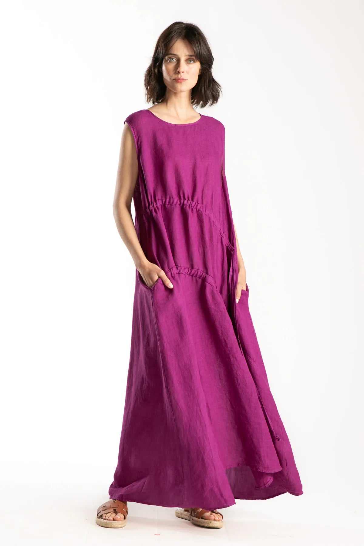 Ragga vestido Lucian de Lino de mujer largo berry sin mangas vista frontal