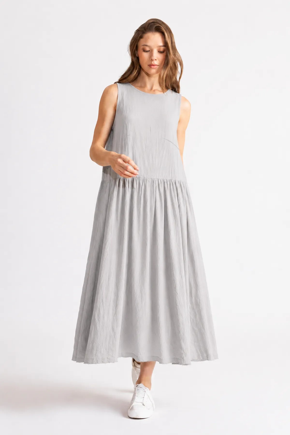 Vestido Algodon Corrugado Gris Perla