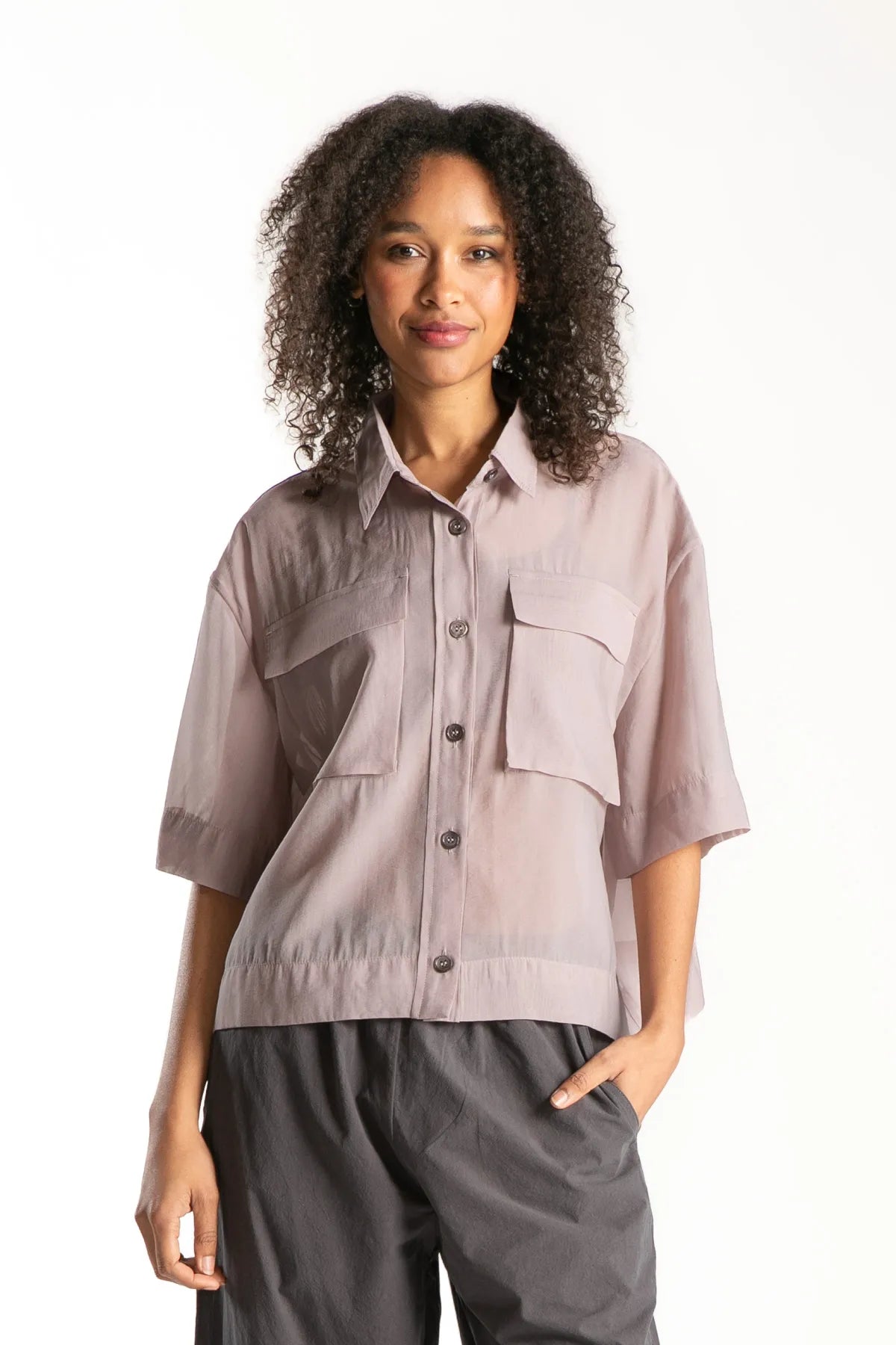 Ragga blusa Adira manga 3/4 de Tencel y Viscosa translúcido palo rosa vista frontal