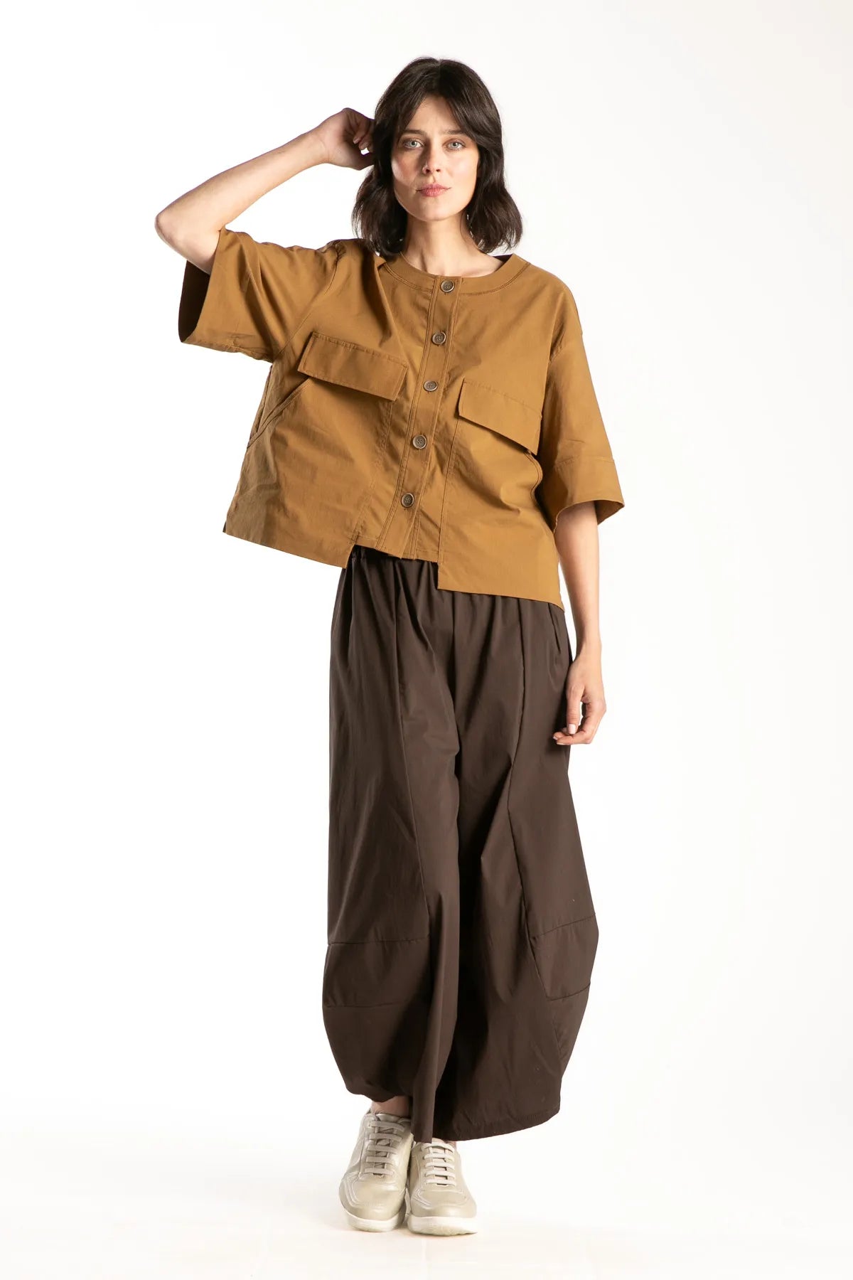 Ragga Blusa Zyne Curry algodón bolsillos grandes frente mujer