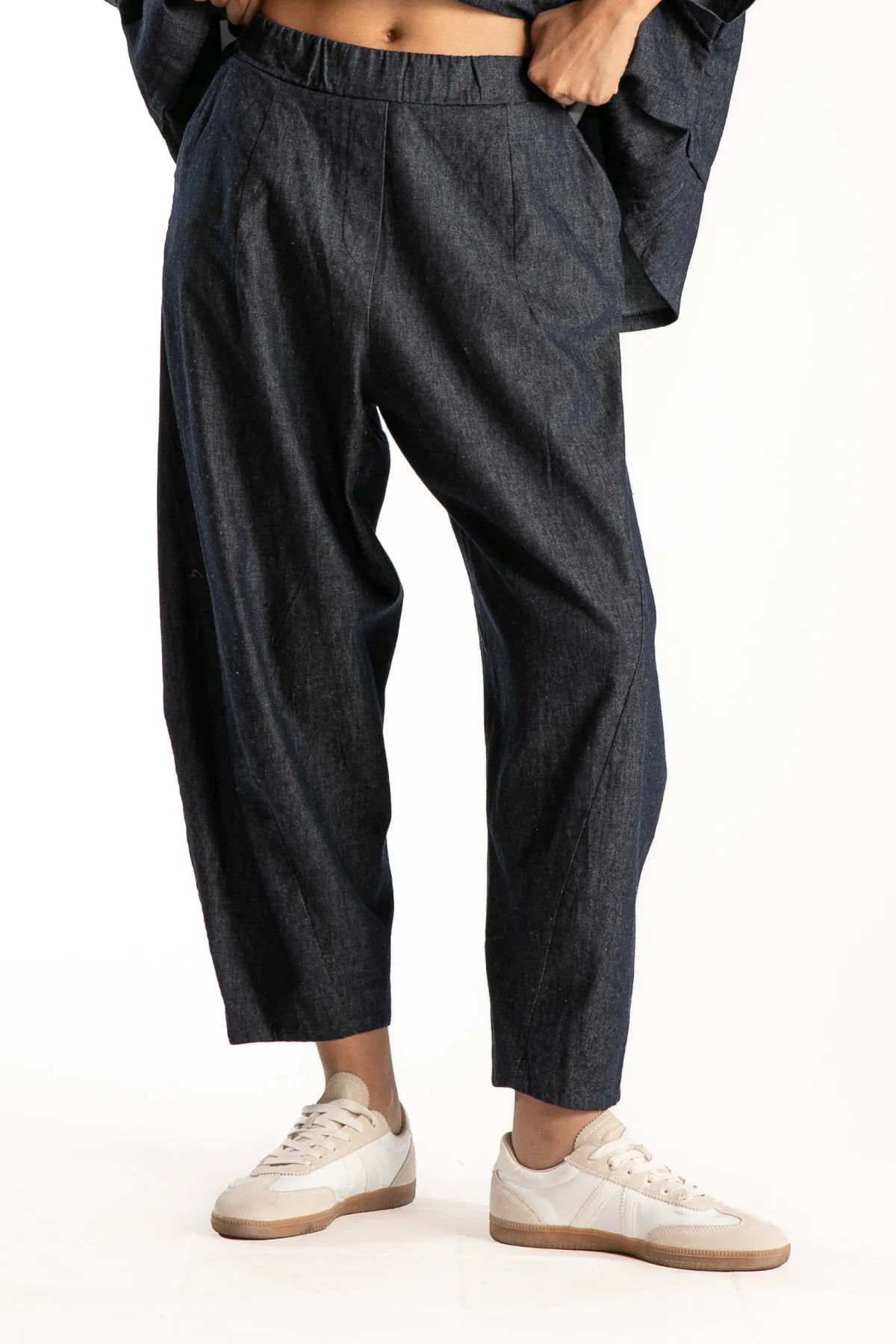 Ragga Pantalón Denim Brusio azul de mujer pretina elasticada en lino y algodón