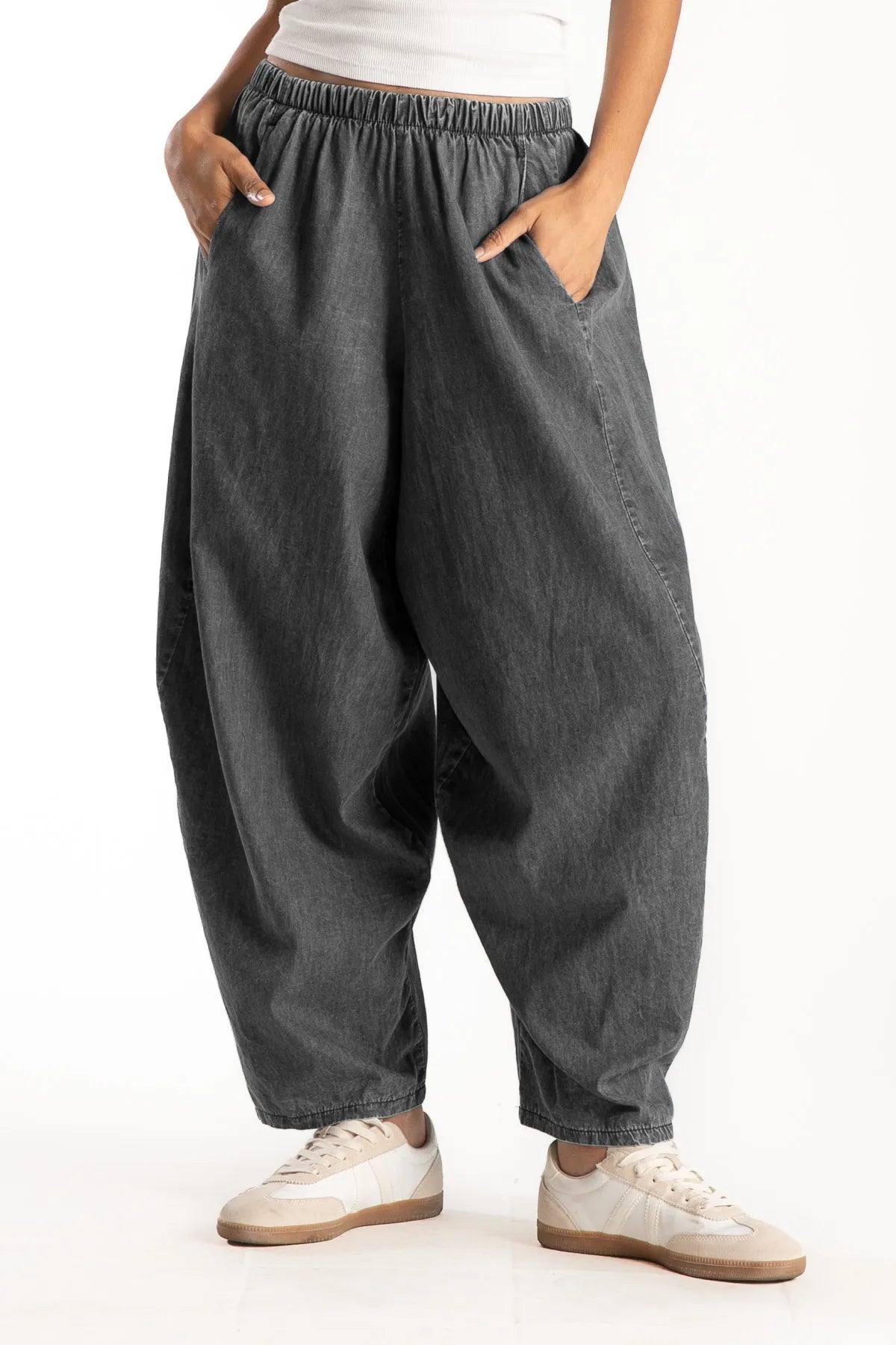 Ragga pantalón Guille gris denim bombacho algodón pretina elasticada vista frontal