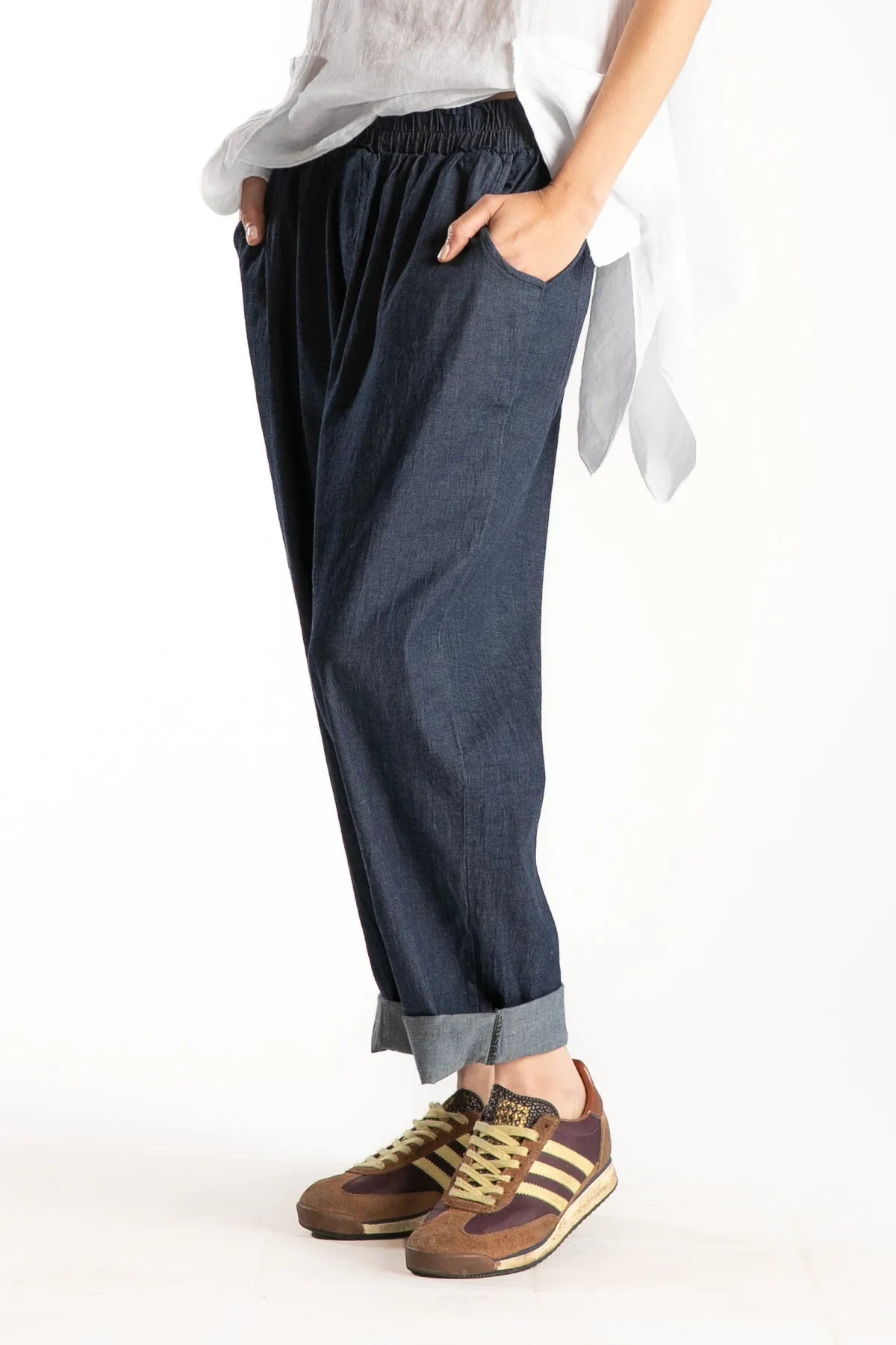 Ragga pantalón Victor denim azul de algodón mujer pretina elasticada perfil