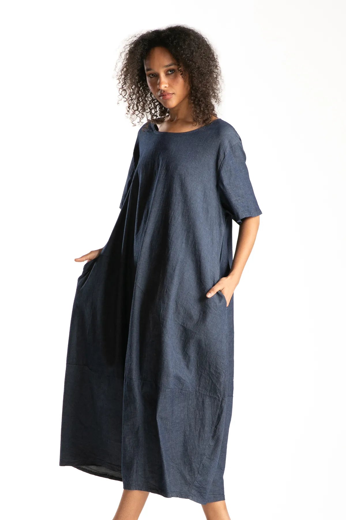 Ragga Vestido Adriana de mujer denim azul manga corta bolsillos a la cadera perfil