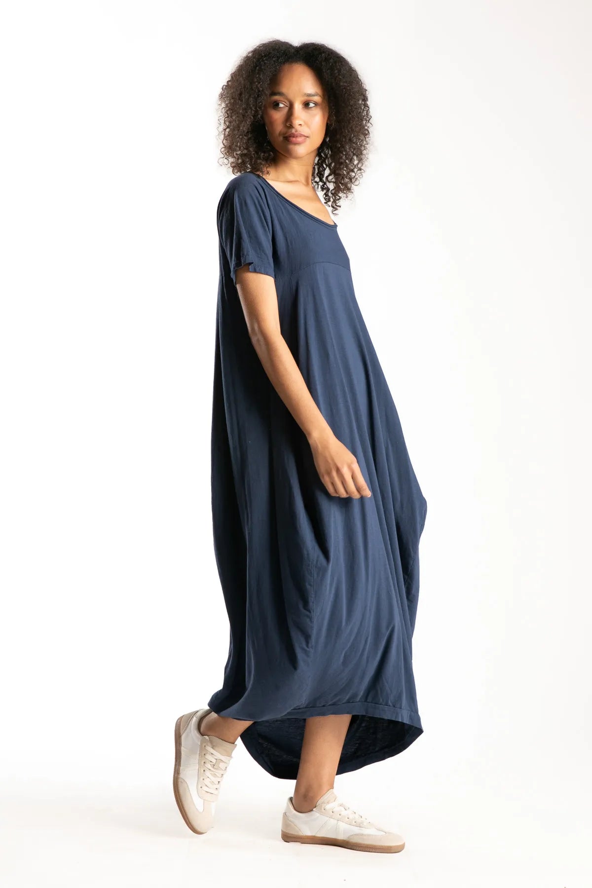 Ragga Vestido Baura casual largo azul marino manga corta de mujer cortes curvos  talla única perfil