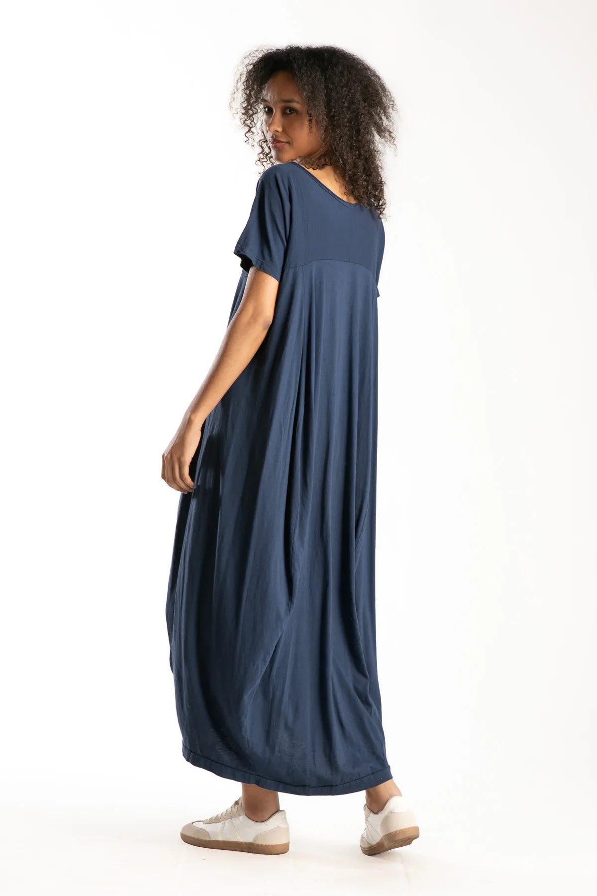 Ragga Vestido Baura casual largo manga corta de mujer de algodón azul marino  cortes curvos perfil
