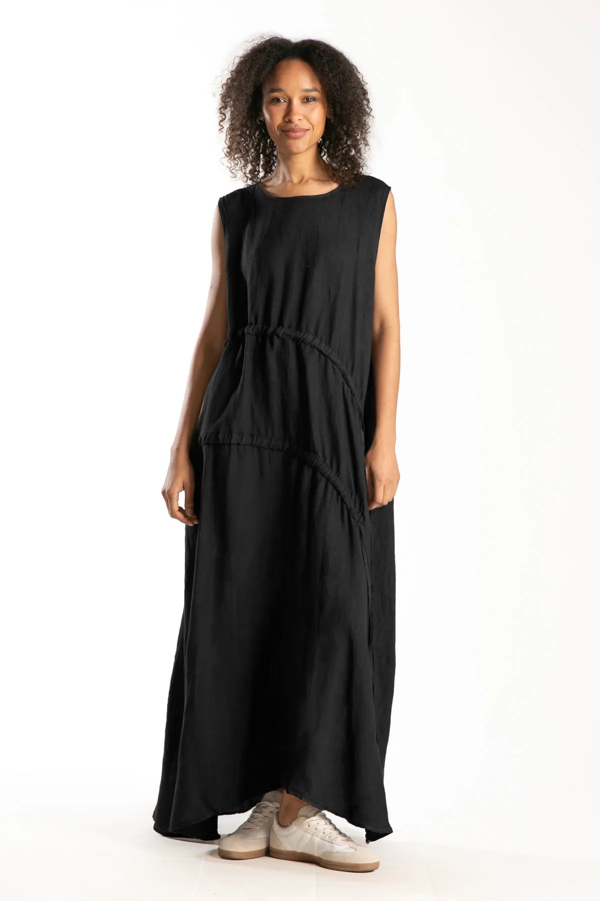 Ragga vestido Lucian de Lino de mujer largo negro sin mangas vista frontal