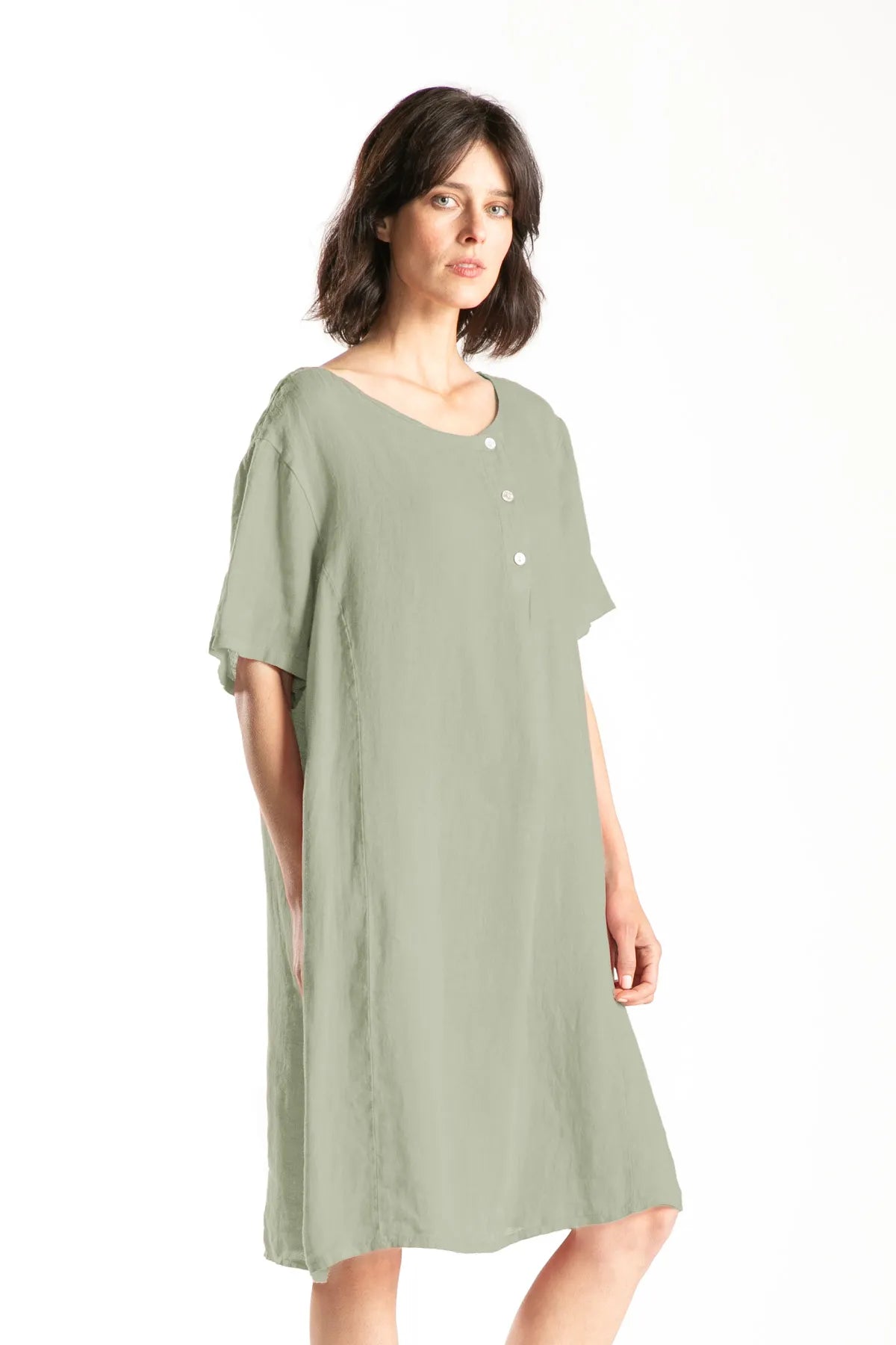 Ragga Vestido Renata de Lino verde musgo de mujer manga corta bolsillos a la cadera vista perfil