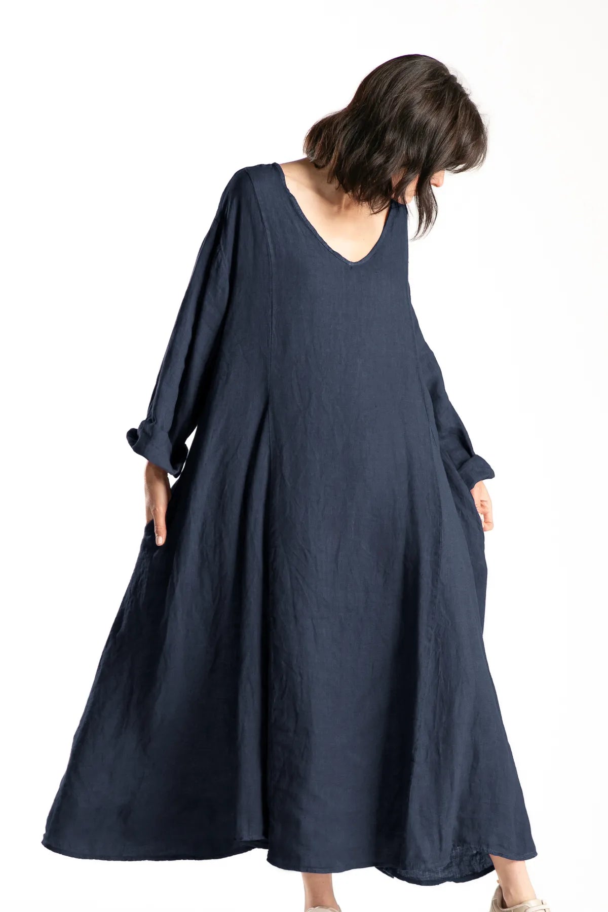 Ragga Vestido Rodas Lino de mujer  largo azul marino corte amplio vista frontal