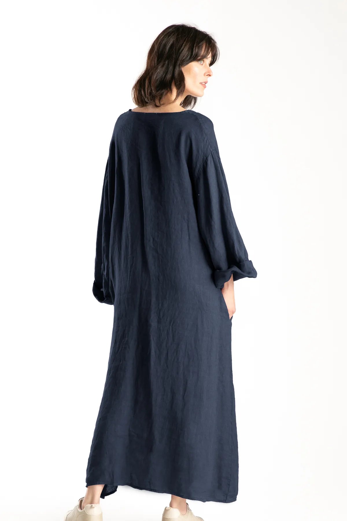 Ragga Vestido Rodas Lino de mujer  largo azul marino bolsillos a la cadera espalda