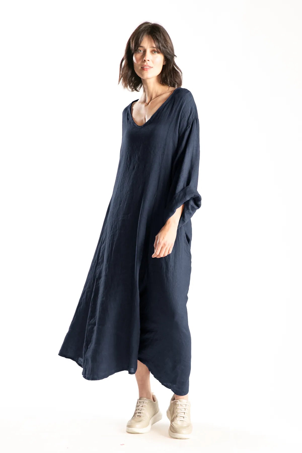 Ragga Vestido Rodas Lino de mujer  largo azul marino escote v vista frontal