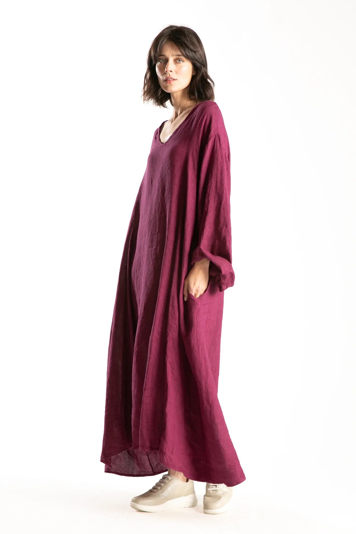 Ragga Vestido Rodas Lino de mujer oversize betarraga perfil manga larga