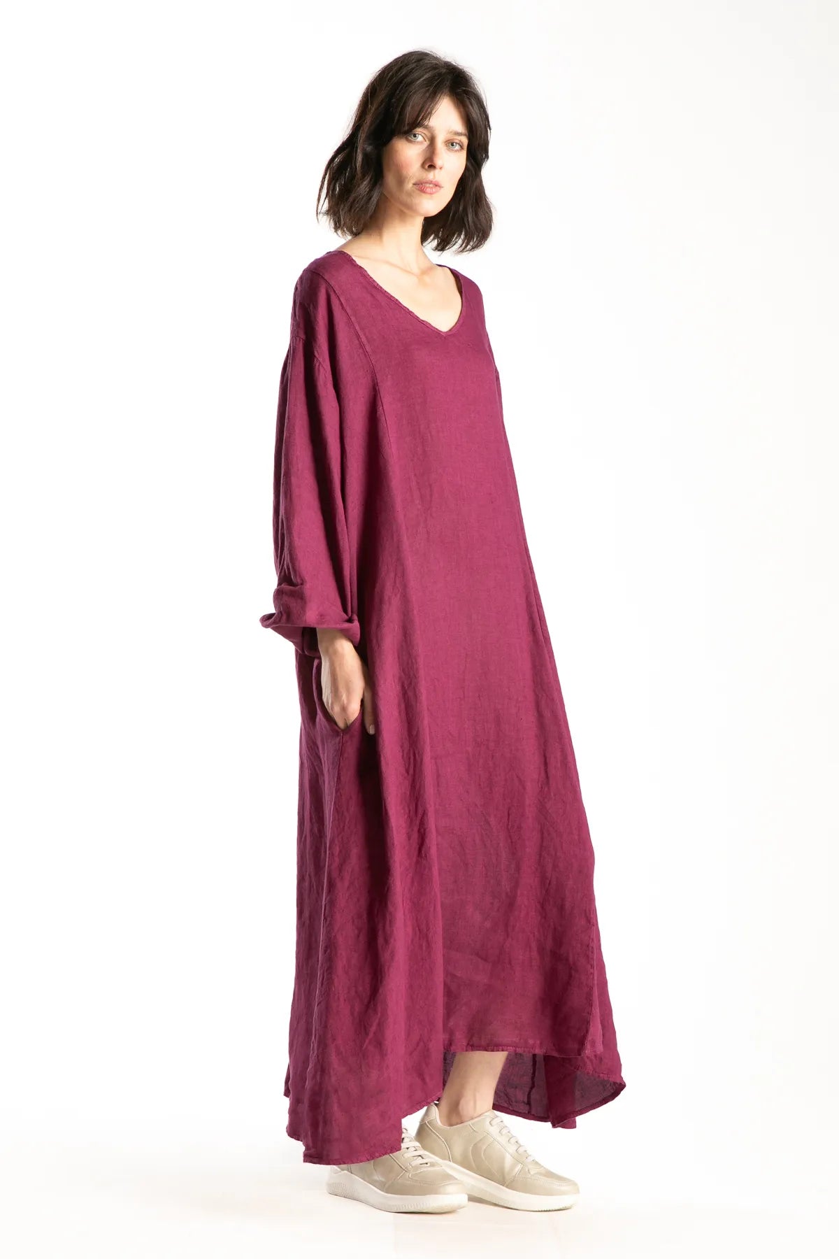 Ragga Vestido Rodas Lino betarraga oversize largo bolsillos a la cadera perfil 