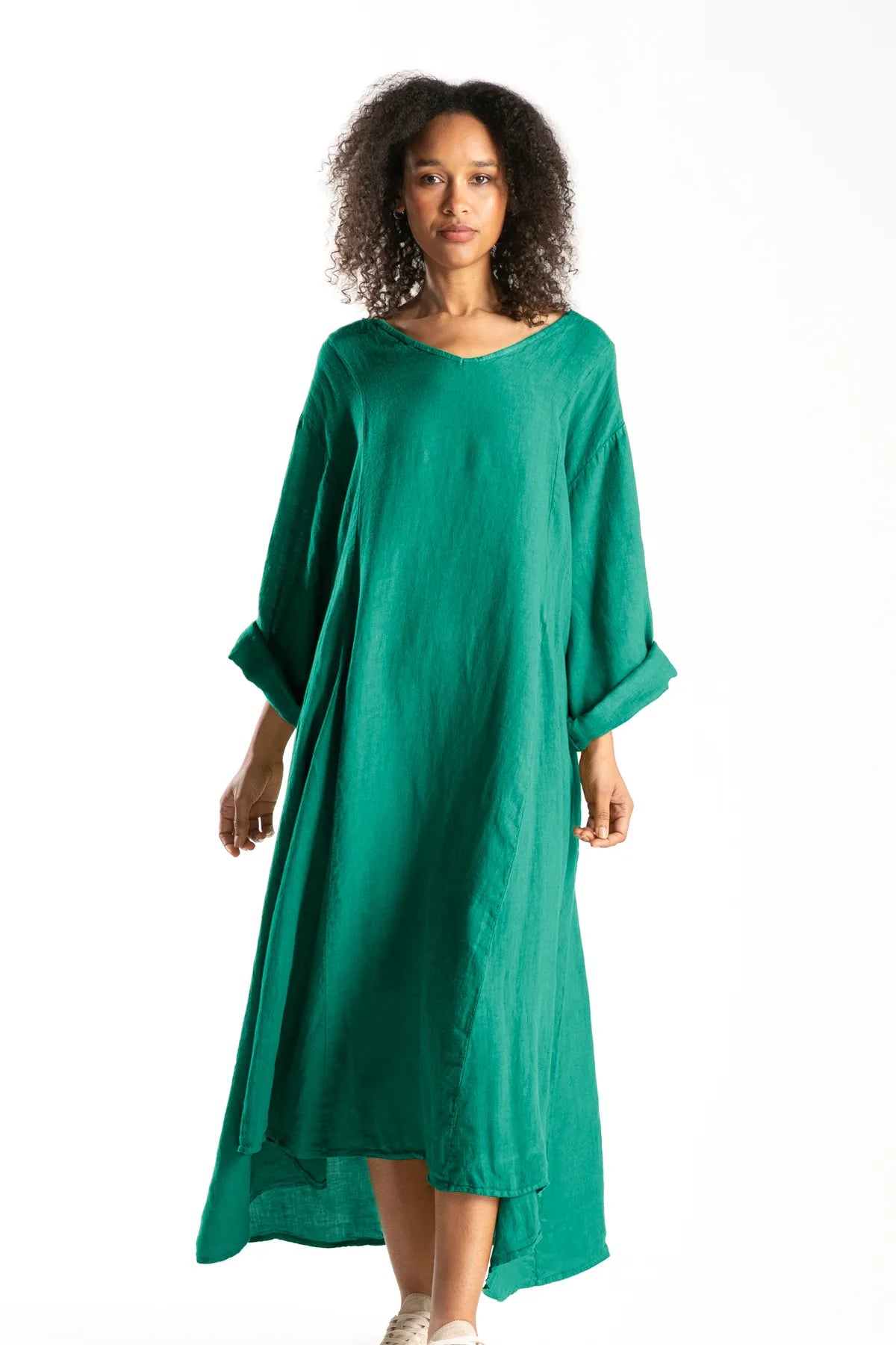Ragga Vestido Rodas Lino oversize esmeralda vista frontal