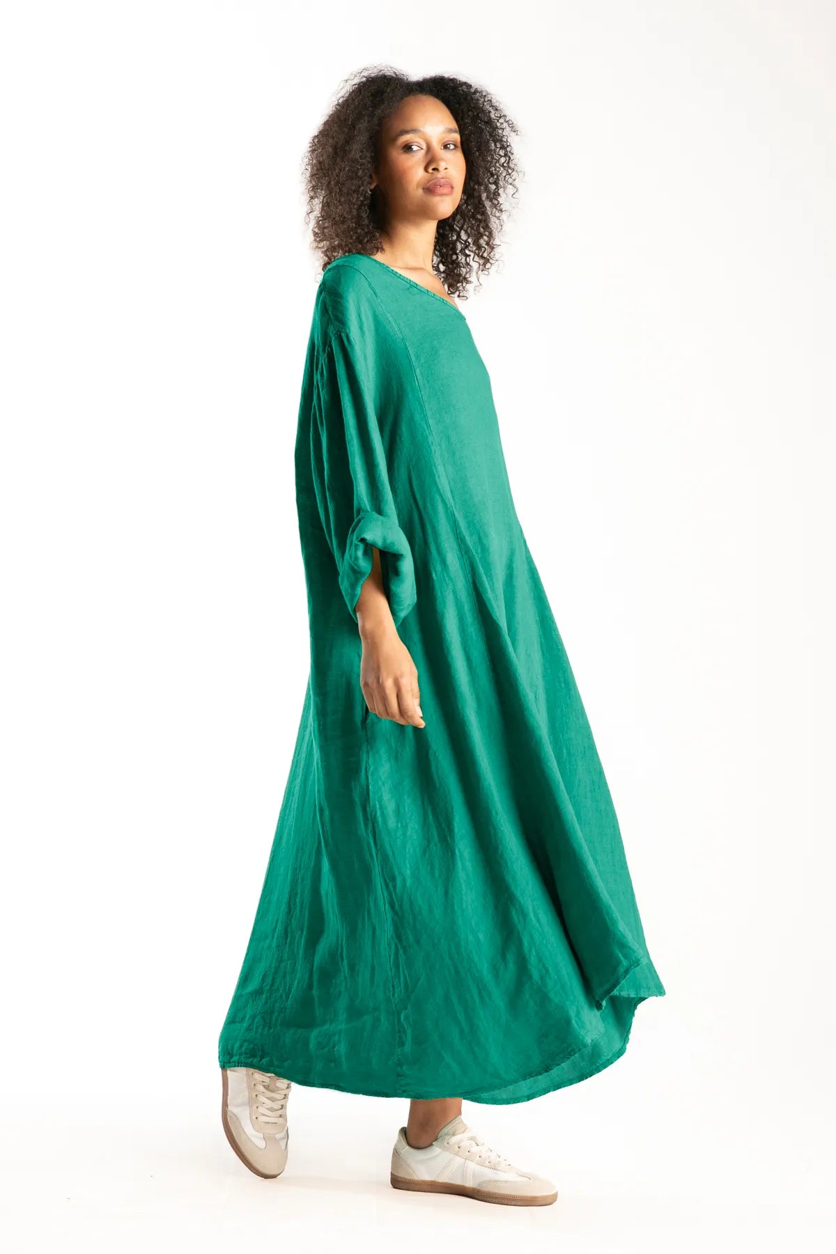 Ragga Vestido Rodas Lino de mujer oversize esmeralda perfil manga larga