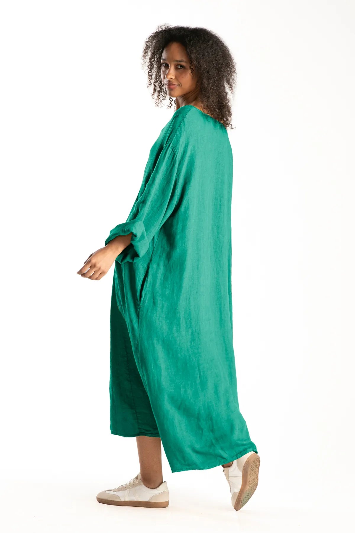 Ragga Vestido Rodas Lino de mujer oversize largo esmeralda espalda 