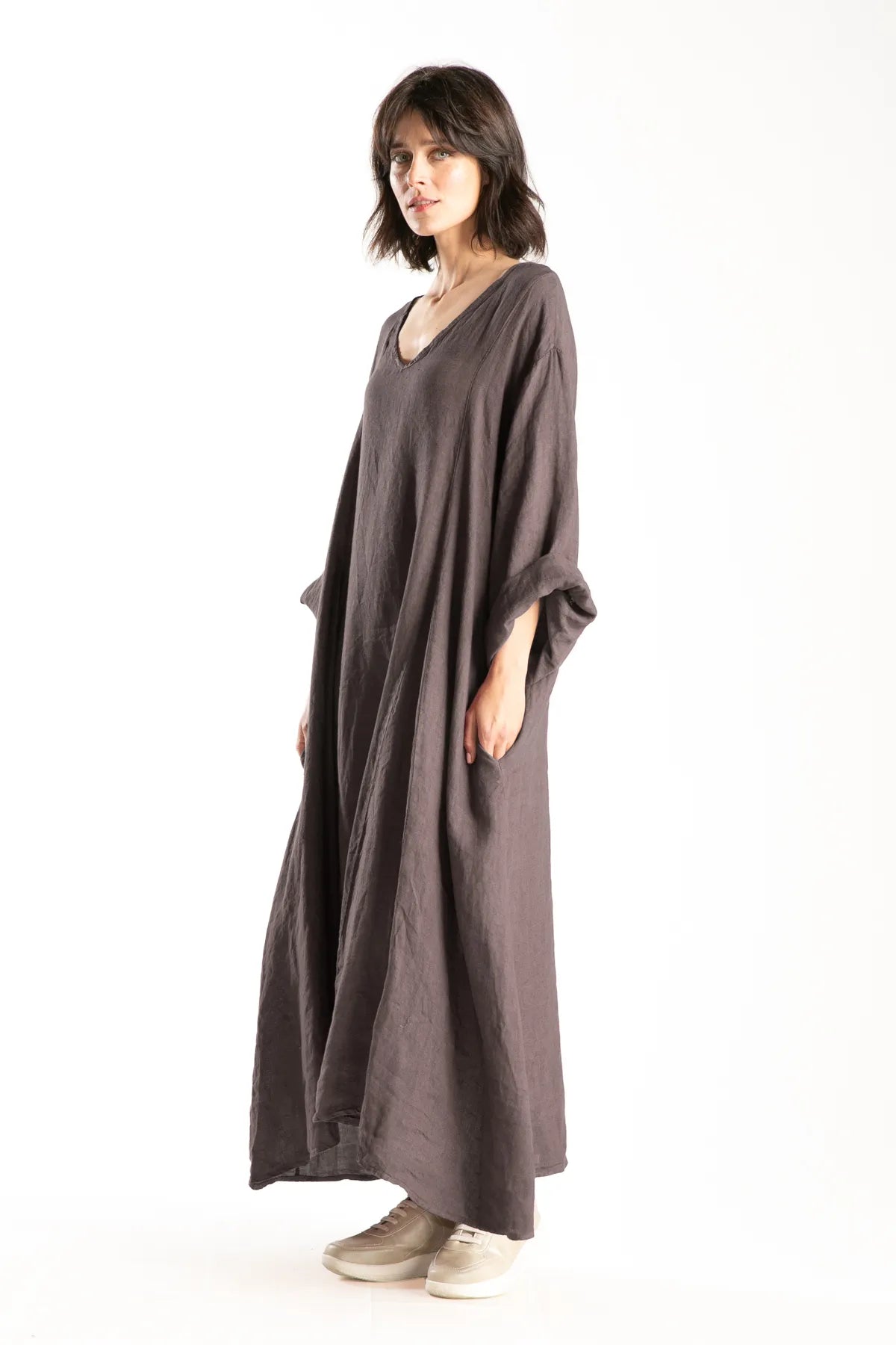 Ragga Vestido Rodas Lino de mujer  largo marrón escote v bolsillos vista perfil