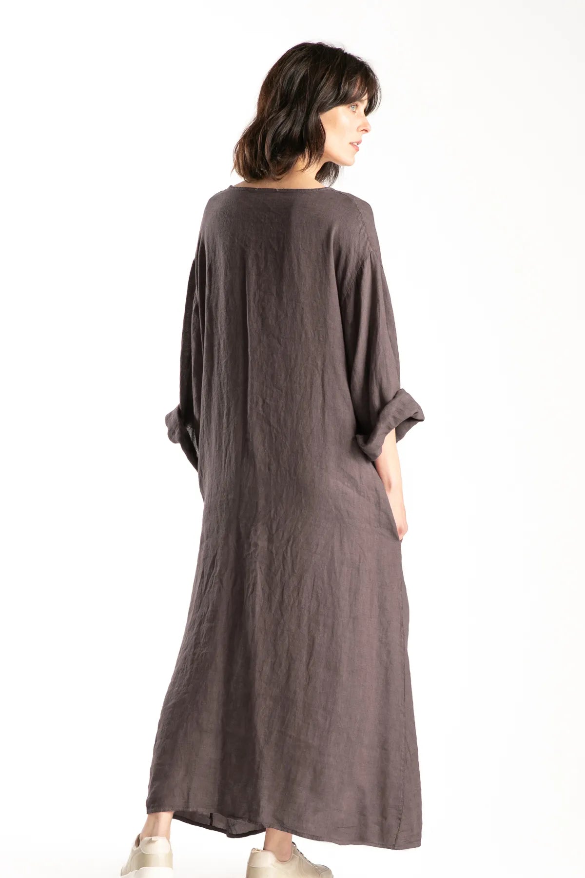 Ragga Vestido Rodas Lino de mujer  largo marrón bolsillos manga larga espalda
