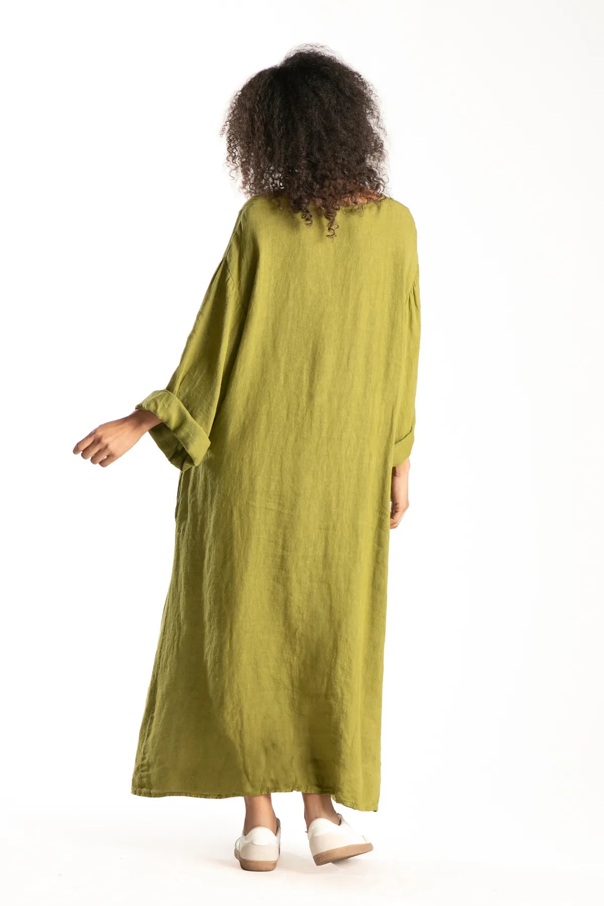 Ragga Vestido Rodas Lino de mujer corte amplio largo oliva espalda manga larga