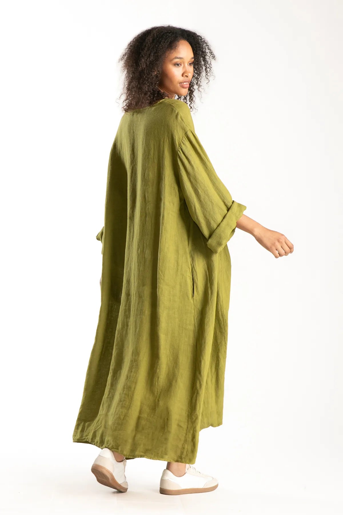 Ragga Vestido Rodas Lino de mujer corte amplio largo oliva espalda manga larga