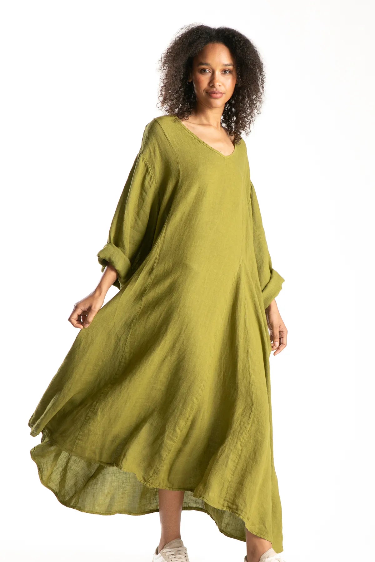 Ragga Vestido Rodas Lino de mujer corte amplio largo oliva perfil manga larga